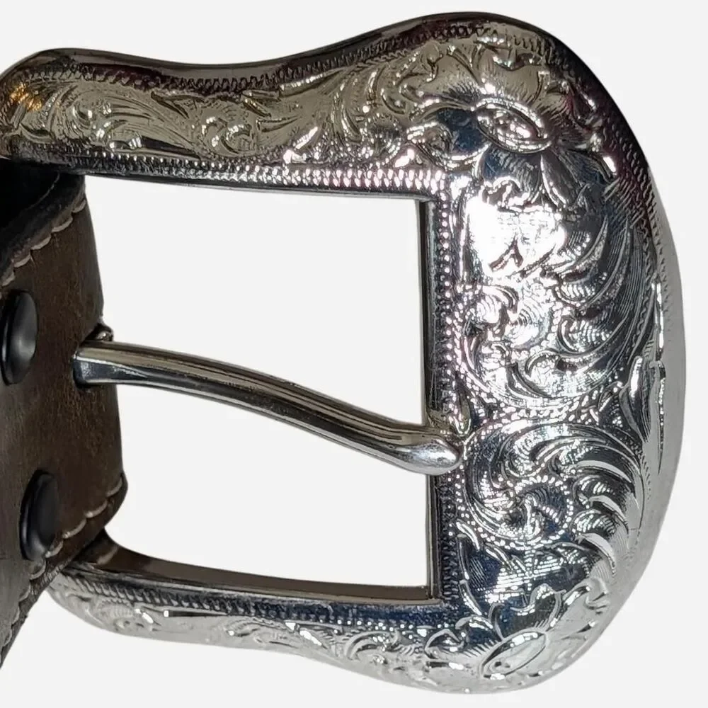 Nocona Mens Leather Western Belt Size 32 (S) Brown Black Southwest Silver Buckle